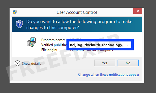 Screenshot where Beijing Pixelauth Technology Ltd. appears as the verified publisher in the UAC dialog